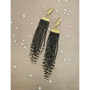 Handmade Black and Gold Beaded Fringe‎ Earrings – Elegant Long Dangle Jewelry